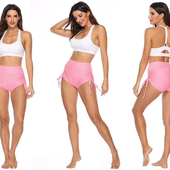 High Rise Yoga Short Wide Waistband Ruched Shorts Hides tummy flab - Pink - Picture 2 of 7